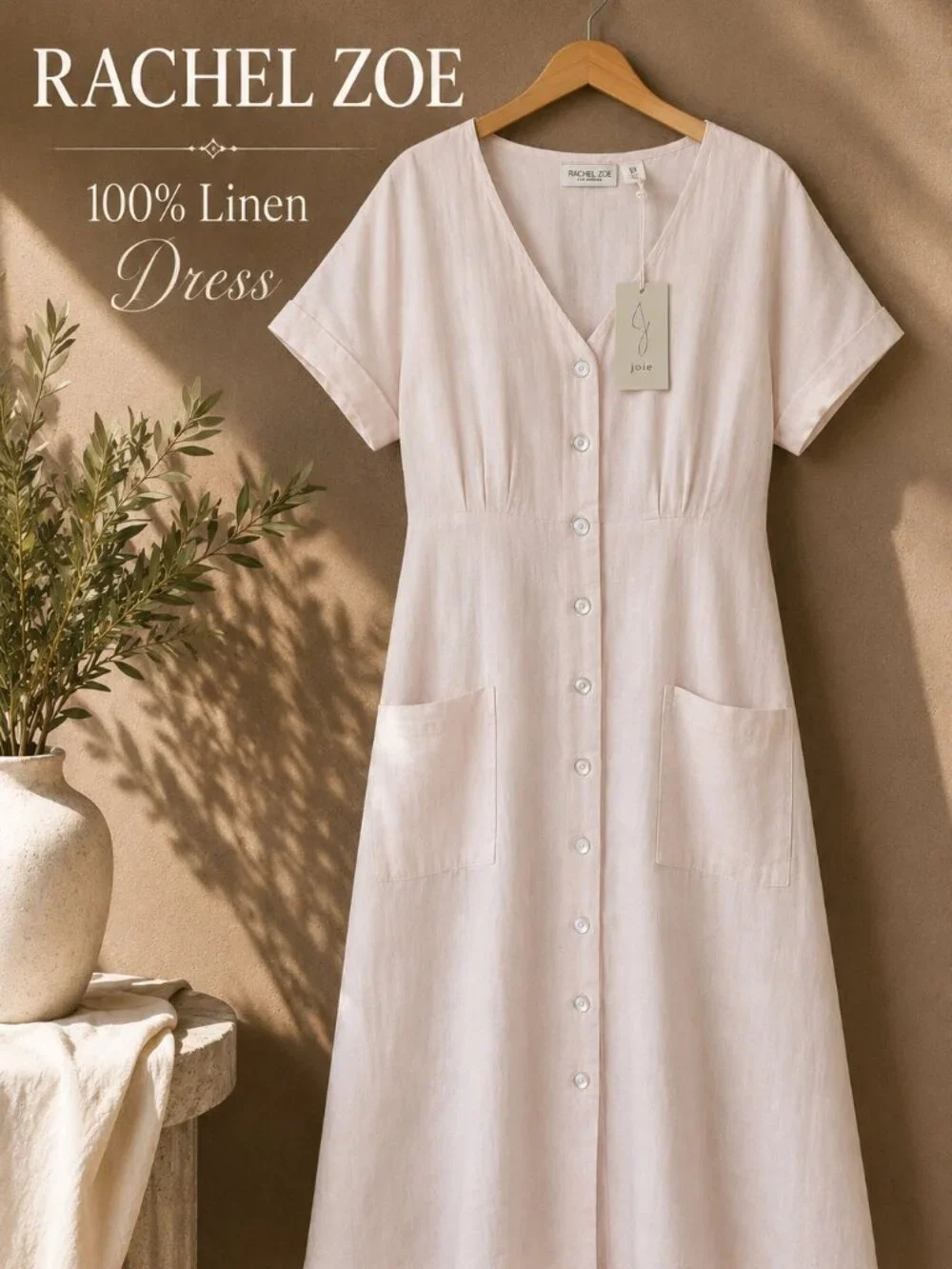 Rachel Zoe 100% Linen Button Front Midi Maxi Dress L Blush Pink Pockets NWT 50” - Picture 6 of 15